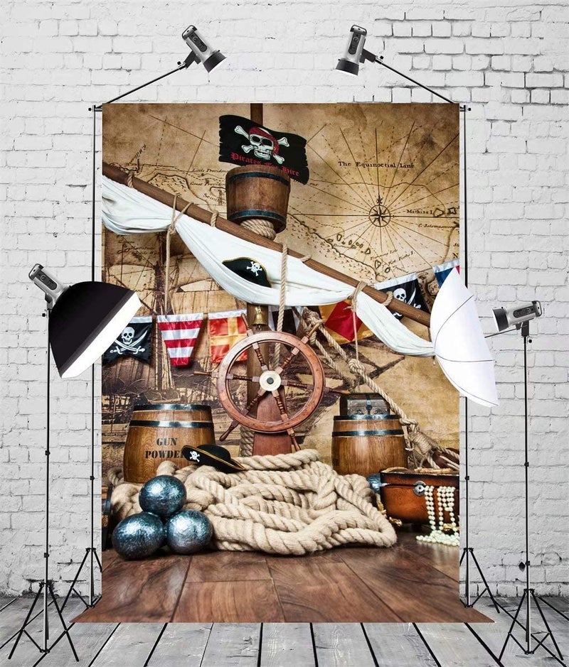 BELECO 5x7ft Fabric Pirate Backdrop Pirates Ship Deck Steering Wheel Skull Flag Background Pirate Theme Party Decorations Kids Boy Adult Birthday Baby Shower Photo Props - Image 2